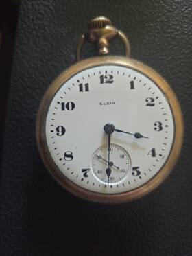 2869833 Elgin Gold Filled Mechanical Pocket Watch Yellow Open Face Arabic Numerals