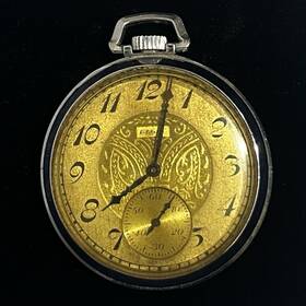 30207413 Elgin 1928 Pocket Watch 17 Jewels - Ruby And Sapphire Gold Dial Silver Case