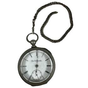 3906647 Elgin Vtg 1895 National Pocket Watch W Chain #3906647 Safety Pinion Coin Silver