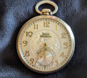 4066418 Elgin Paramount 15j Mechanical Pocket Watch Open Face Gold Filled White Arabic