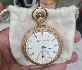 4515672 Elgin Atq 1892 Pocket Watch 11j 14k Gold Fill Crescent Case Openface Screwback