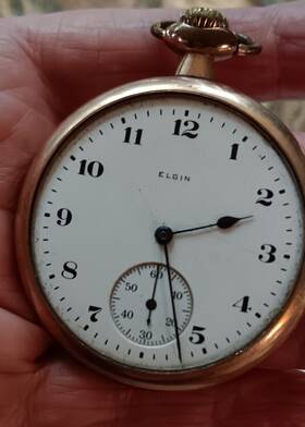 23062586 Elgin 5264501 Pocket Watch Railroad Working Gold #5264501 Missing Glass Face #23062586
