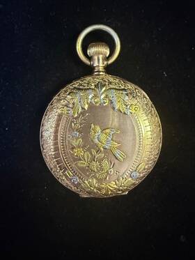 5408023 Elgin Antique 14k Multi-tone Gold Pocket Watch Engraved Bird Hunter Case