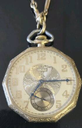 Elgin 5988823 Pocket Watch 17 Jewel - Wadsworth Pilot 25 Yr Gold Filled Simmons Chain