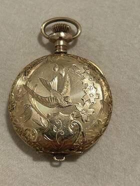 7157213 Elgin Antique Pocket Watch 15 Jewels Hand Engraved Swallows Gold