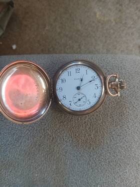 810040 Elgin Full Hunter Pocket Watch Yellow Gold Case White Dial Arabic Numerals