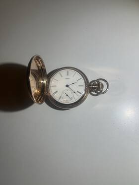 827734 Elgin Pocket Watch 8 Size 11 Jewel 18k Rose Gold Double Hunting Case