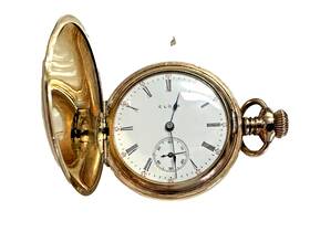 8804332 Elgin Antique Gold Filled Floral Motif Hunter Small Pocket Watch
