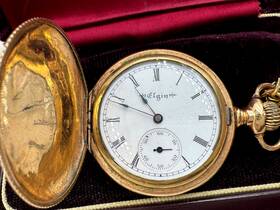 881779 Elgin Pocket Watch Rolled Yellow Gold Hunter Case Antique Thick Chain Working 19