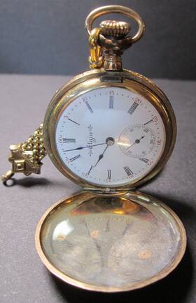 8983869 Elgin Antique Pocket Watch Fob Gold Finish Full Hunter 35mm Diameter Time W7