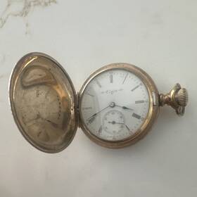 969478 Elgin Yellow Gold Full Hunter Pocket Watch Roman Numerals Seconds Hand Analog