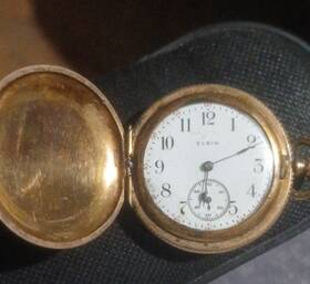 978470 Elgin Yellow Gold Full Hunter Pocket Watch White Dial Arabic Numerals Mechanical