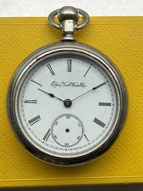 5700430 Elgin Natl Watch Co. Natftl Mechanical Pocket Silver Roman Numerals Vintage