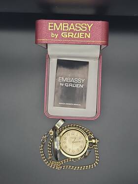 Gen2251pw Embassy By Gruen Japan Quartz White Dial Pocket Watch 15 Inch Chain Box New Battery