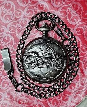 Fmdal-735 Fmd Fmdal735 51mm Black Chrome Motorcycle Pocket Watch Chain New Battery In Vgc