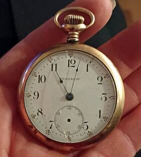 8350491 Franklin Gold Filled Open Face Pocket Watch Yellow Arabic Numerals Mechani