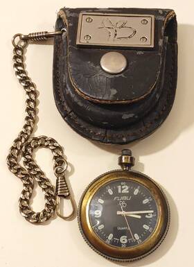 1940461 Fubu Vintage Pocket Watch Quartz Black Dial Gold Tone With Brown Leather Pouch