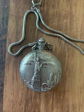 G308pkt Geneva Mens Round Quartz Statue Of Liberty Pocket Watch With Chain Works