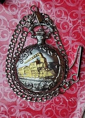Pur54966w Geneva Train Locomotive Silver Gold Tone Pocket Watch And Chain Runs Vgc
