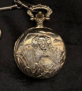 Pw103 Geneva Pocket Watch With Embossed Dog Front/ Carved Decorative Back Runs