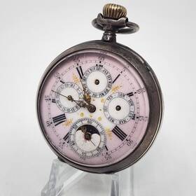 416626 Geneve 1890s Vintage 800 Silver Moon Phase Triple Date Remontoir Pocket Watch