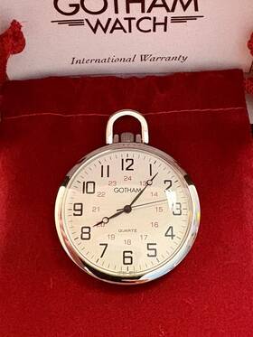 Gwc15026s Gotham Mens Silver-tone Thin Railroad Open Face Quartz Pocket Watch #