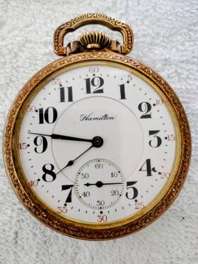 1589800 Hamilton 992 Railroad Grade Pocket Watch Yellow Gold Case Mechanical Arabic Num