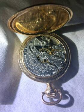 378617 Hampden Mechanical Full Hunter Pocket Watch Gold Filled Case Roman Numerals