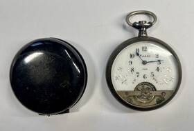 705159 Hebdomas Antique Swiss 8 Day Pocket Watch .935 Silver With Rare Black Outer Case