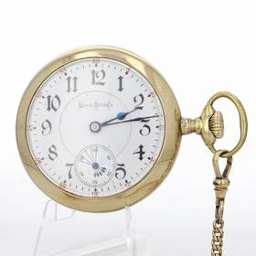 1539133 Illinois Watch Co. Antique Open Face White Dial Pocket With Chain