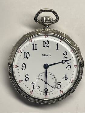 3062032 Illinois Paramount Pocket Watch Us 14k Wht Gf 17j Pendant Set And Wind S/n