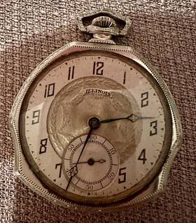 4228332 Illinois Time King Pocket Watch Unique Art Deco Design 14k Wgf
