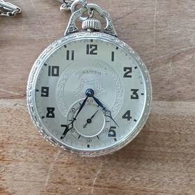 4887823 Illinois Silver Pocket Watch Mechanical Manual Arabic Numerals Chain