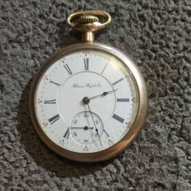 746315 Illinois Watch Co. 18s 17 Jewels Gold Filled Open Face Pocket Roman Dial