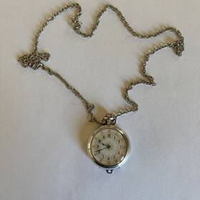 87687 Jg Lady Antique Racine Watch Necklace .800 Silver With Fancy Dial And Chain
