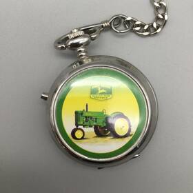 127220 John Deere Pocket Watch Men 47mm Silver Tone Tractor Full Hunter Chain Farm