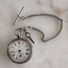 Kays 491124 Triumph Swiss Made Full Hunter Silver Pocket Watch Roman Dial Chain