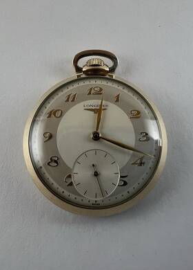 1265-2 Longines Vintage 1955/56 Pocket Watch 14k Solid Gold 17 Jewels With Box And Tag