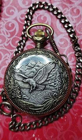 301224 Majestron Swiss Quartz 48x17mm Pocket Watch Eagle Scene New Battery Runs In Vgc