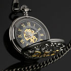 Mechanical Steampunk Gift Mens Skeleton Watch Dad Chain Pocket Black Retro