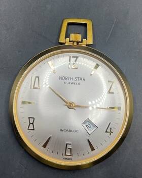 B503 North Star Vintage Date Opened Face Gold Plated Pocket Watch Running -