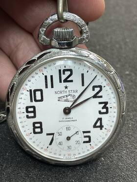 Tj1091 North Star Vintage Pocket Watch With Railroad Train Design 17 Jewels .tj1091