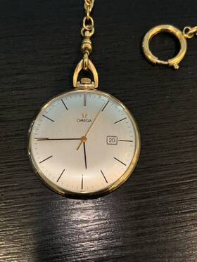N6363 Omega Vintage Mens Pocket Watch Date With Chain 10k Gold Filled