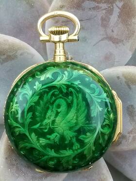105441 Patek Philippe 18k Gold Enamel Griffin Pocket Watch Pendant Boxed Certificate