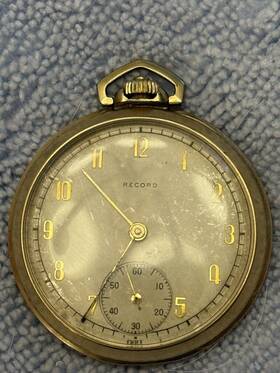 364891 Record Vintage Pocket Watch Swiss Made 7 Jewels 16 Size Gold Fill S/n 21956
