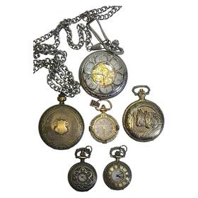 A1954 Relic Lot Of 6 Novelty Quartz Pocket Watches And 1 Stainless Steel Chain Skeleton