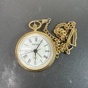 Qht003glh Seiko Quartz Pocket Watch Gold Tone Alarm Roman Numerals With Chain