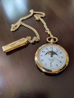 V338-0010 Seiko V3380010 Alba Success Moon Phase Gold Pocket Watch Vintage Working Japan