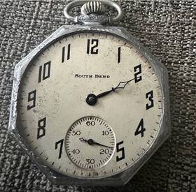 232001 South Bend 411 Mechanical Pocket Watch 17j Open Face Silver White Arabic Dial