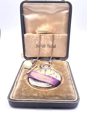 831057 South Bend 15 Jewel Grade 407 Size 12 Gold Filled Pocket Watch W Case Chain Runs